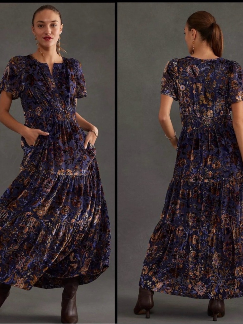 Anthropologie Somset Floral Velvet maxi dress purple/Mustard